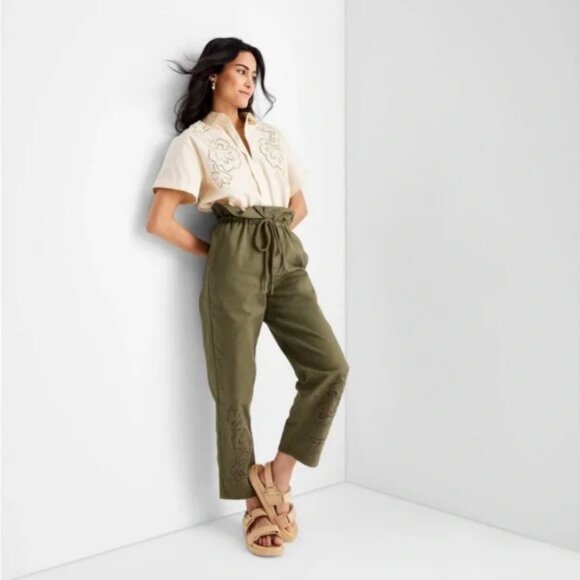 Women's High-Waisted Eyelet Pants - Future Collective™ Olive Green 2 - Picture 2 of 6
